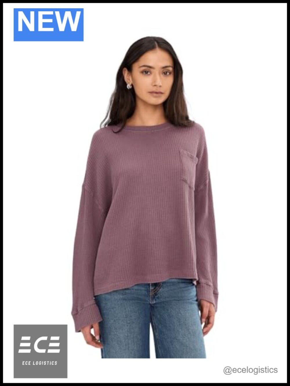 Free People Waffle Knit Thermal Top Relaxed Pullover Crew Neck